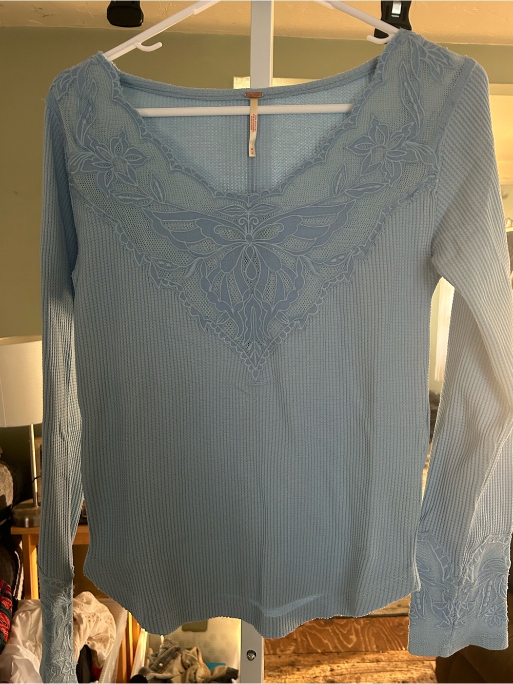 Free People  Lace-Detail Long Sleeve Top in Cashmere Blue